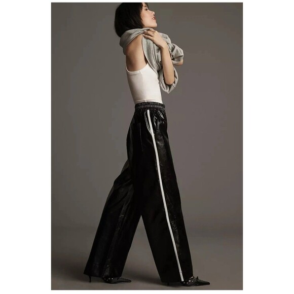 MAEVE Faux Patent Leather Wide Leg Pant Large Black NEW Streetwear Anthropologie - Picture 1 of 14